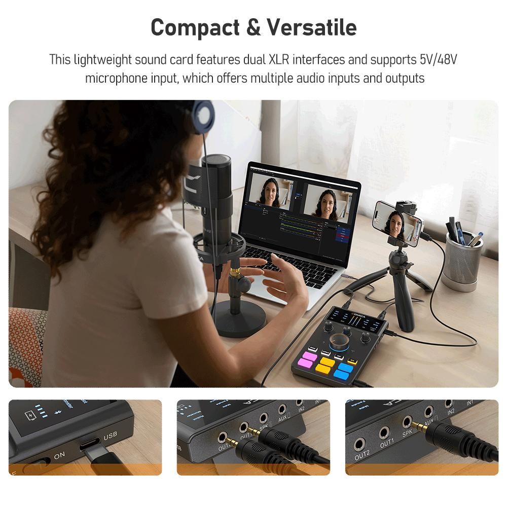 COMICA AD Caster C1-K1 Audio Mixer USB Audio Interface Sound Card with 3.5mm Ports Dual XLR Input Support Real-time Monitoring BT Connection with Microphone Shock Mount Pop Filter And Desk Stand for Podcasting Streaming Gamin