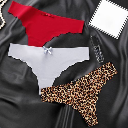 Women High Waist Leopard Stretchy Briefs Bowknot G-strings Thongs-Skin Color