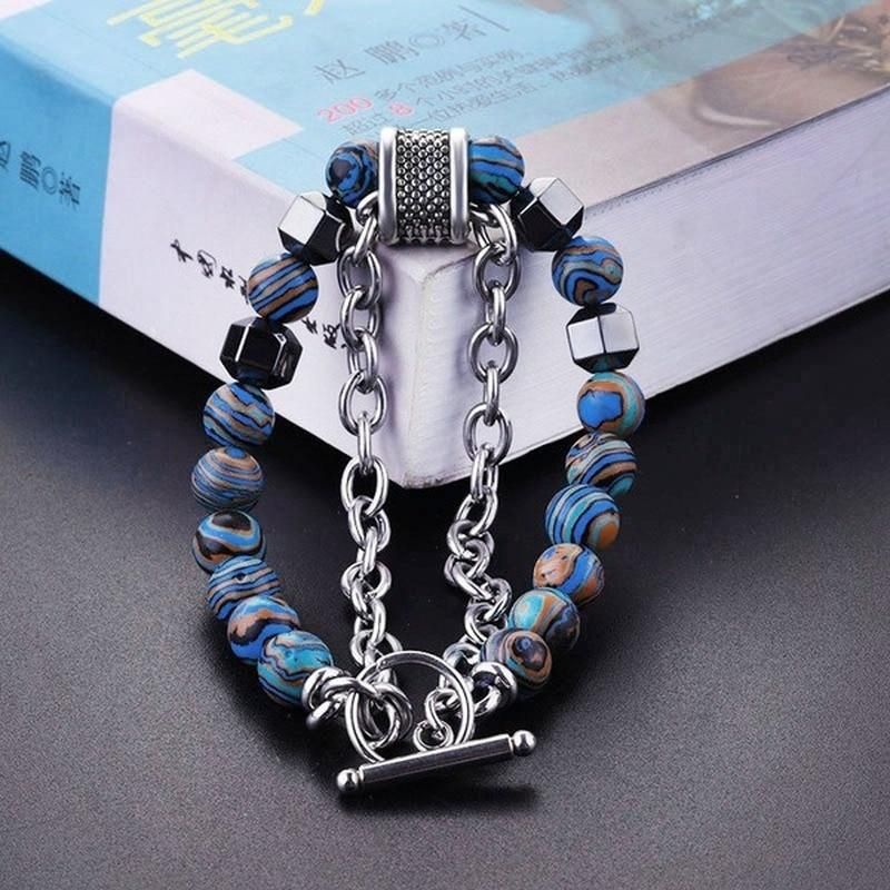 2Pcs/Set Natural Chakra Energy Stone Health Slimming Magnetic Therapy Men's Beaded Stainless Steel Bracelet Biomagnetic Bracelet