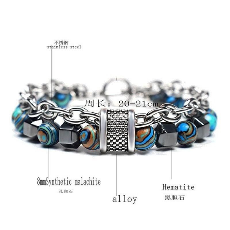 2Pcs/Set Natural Chakra Energy Stone Health Slimming Magnetic Therapy Men's Beaded Stainless Steel Bracelet Biomagnetic Bracelet