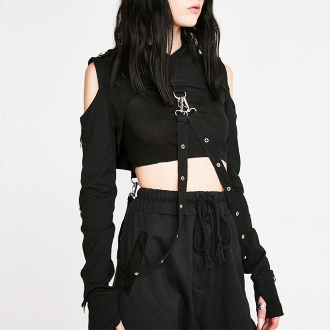 Cold Shoulder Hooded Hoodies Women Gothic Sexy Long Sleeve Crop Tops