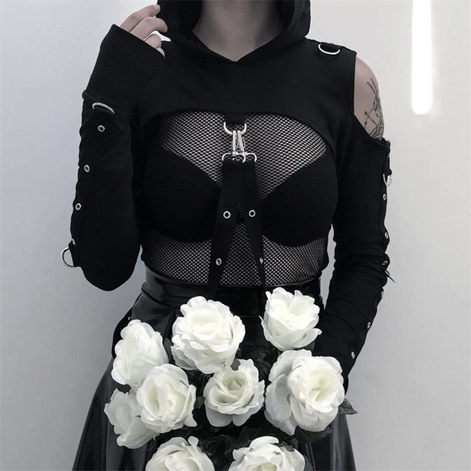 Cold Shoulder Hooded Hoodies Women Gothic Sexy Long Sleeve Crop Tops