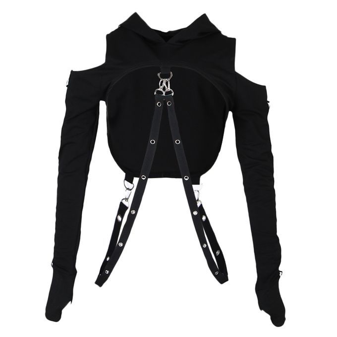 Cold Shoulder Hooded Hoodies Women Gothic Sexy Long Sleeve Crop Tops