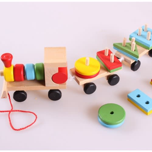 15.5'' Wooden Train Toddler Toys, Shape Sorter And Stacking Wooden Blocks, Wooden Toy