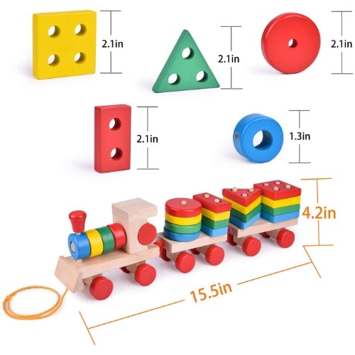 15.5'' Wooden Train Toddler Toys, Shape Sorter And Stacking Wooden Blocks, Wooden Toy