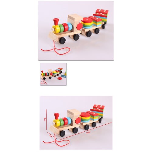 15.5'' Wooden Train Toddler Toys, Shape Sorter And Stacking Wooden Blocks, Wooden Toy