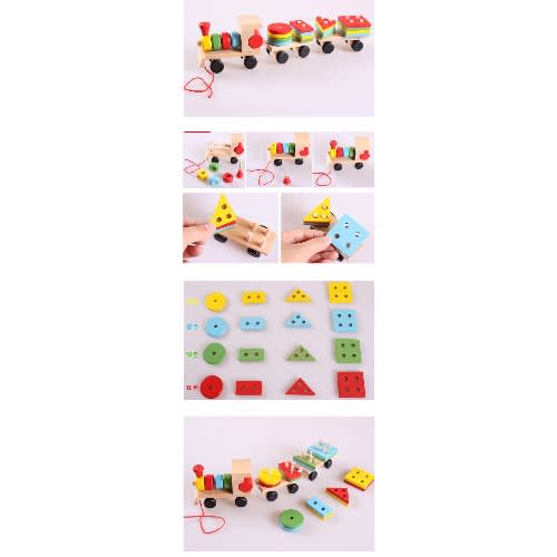 15.5'' Wooden Train Toddler Toys, Shape Sorter And Stacking Wooden Blocks, Wooden Toy