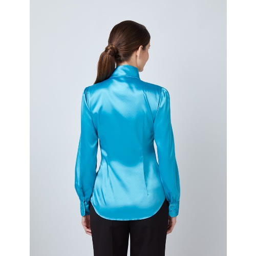 Women's Marine Fitted Satin Blouse - Single Cuff - Pussy Bow