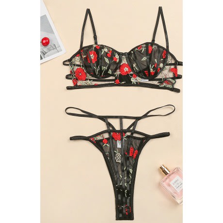 Sexy 2piece Floral Lingerie - Black
