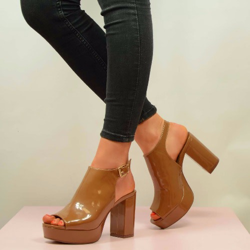 Women's Sling Back Peep Toe Platform Heels - Tan