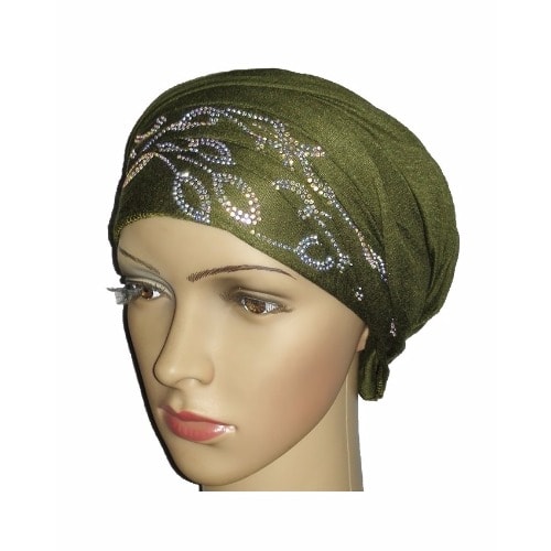 Silky Soft Regal Front Studded Turban with Petal Design - Olive Green