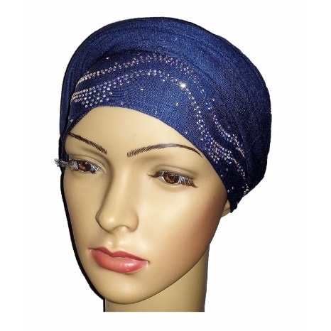 Regal Front Studded Turban with Ocean Waves - Denim Blue