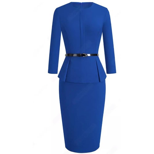 Peplum Belted Pencil Dress- Cobalt Blue