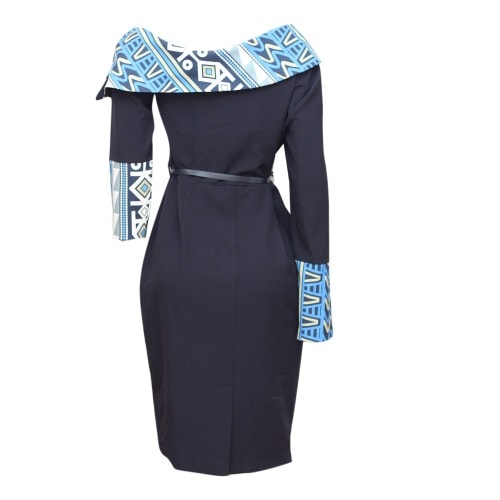 Off Shoulder Fitted Dress - Navy Blue