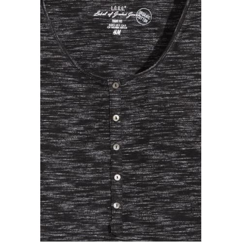 Button Front Jersey Top - Black Marl