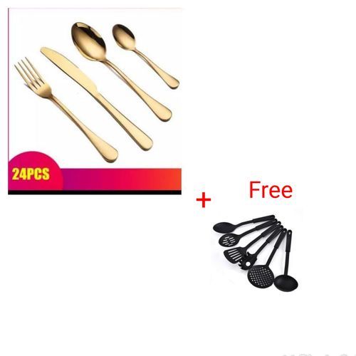 24 Pcs Gold Plated Cutlery Set + Free Non-Stick Spoon