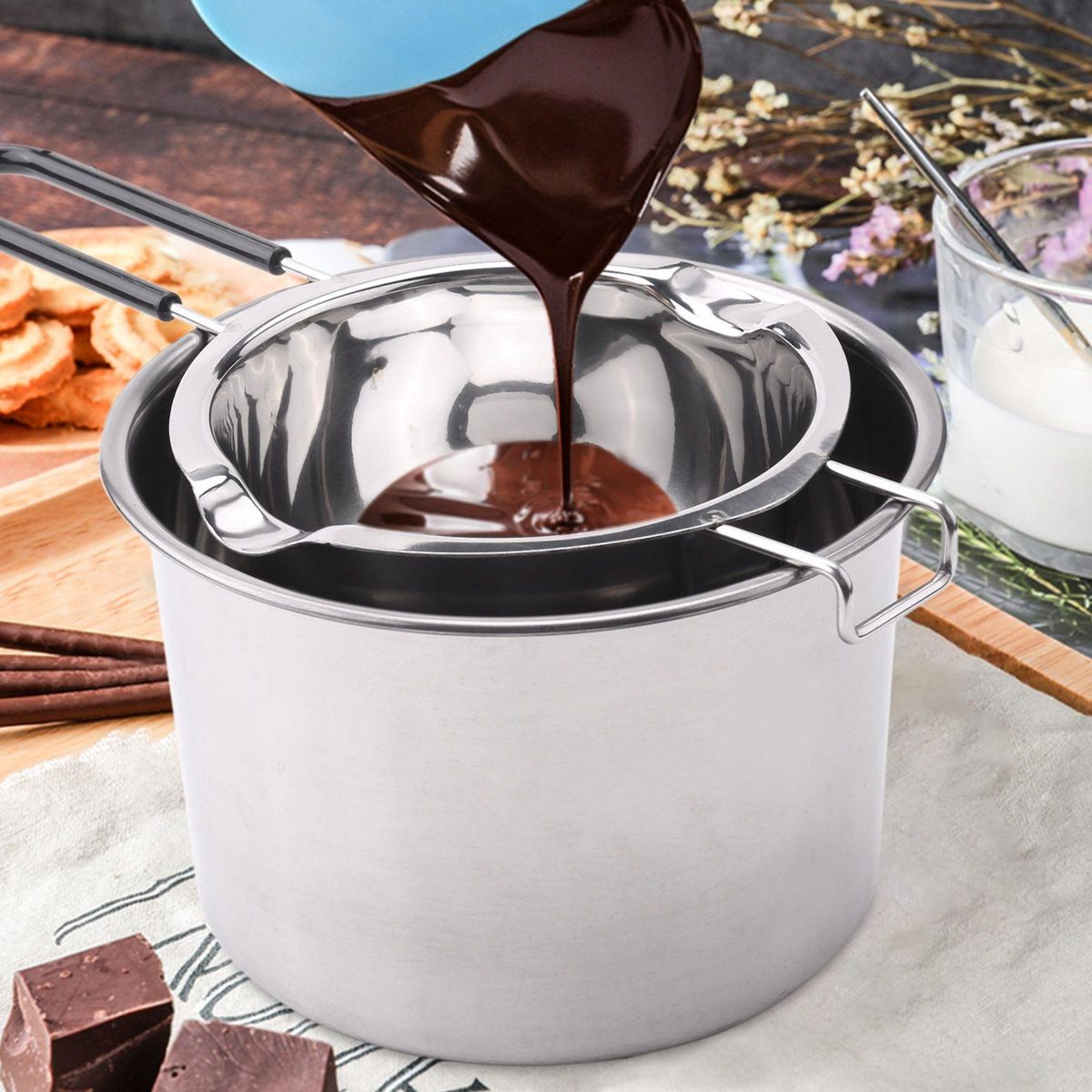 2-Pack Stainless Steel Double Boiler, Heat-Resistant Handle for Chocolate, Butter, Cheese, Caramel and Candy- Steel Melting Pot, 2 Cup Capacity, Universal Pad