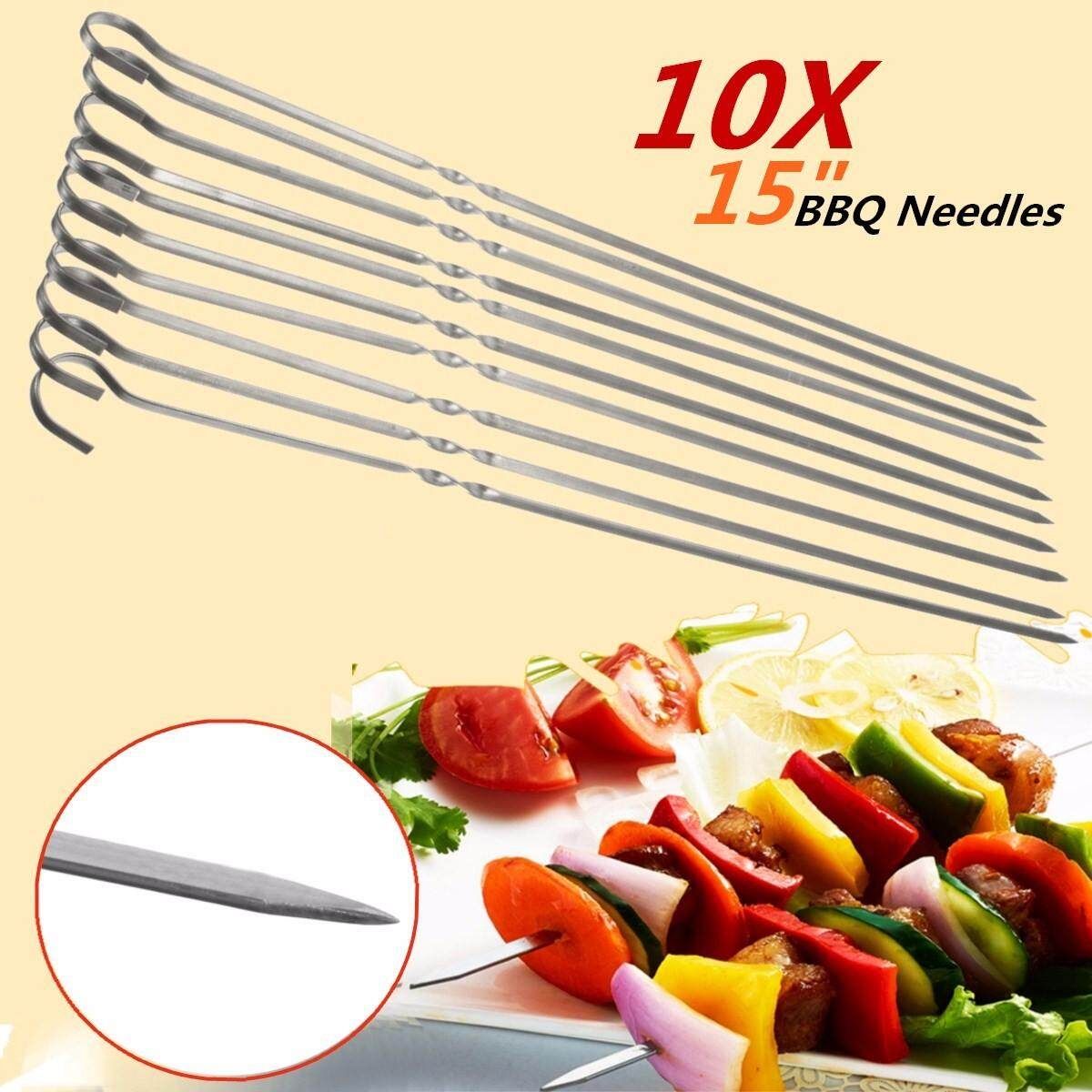 10PCS 15 Inch Stainless Steel BBQ UTENSIL Skewers Barbeque Kabob Fork