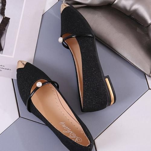Ladies Classic Low Heel Simple Pointed High Heels-Black