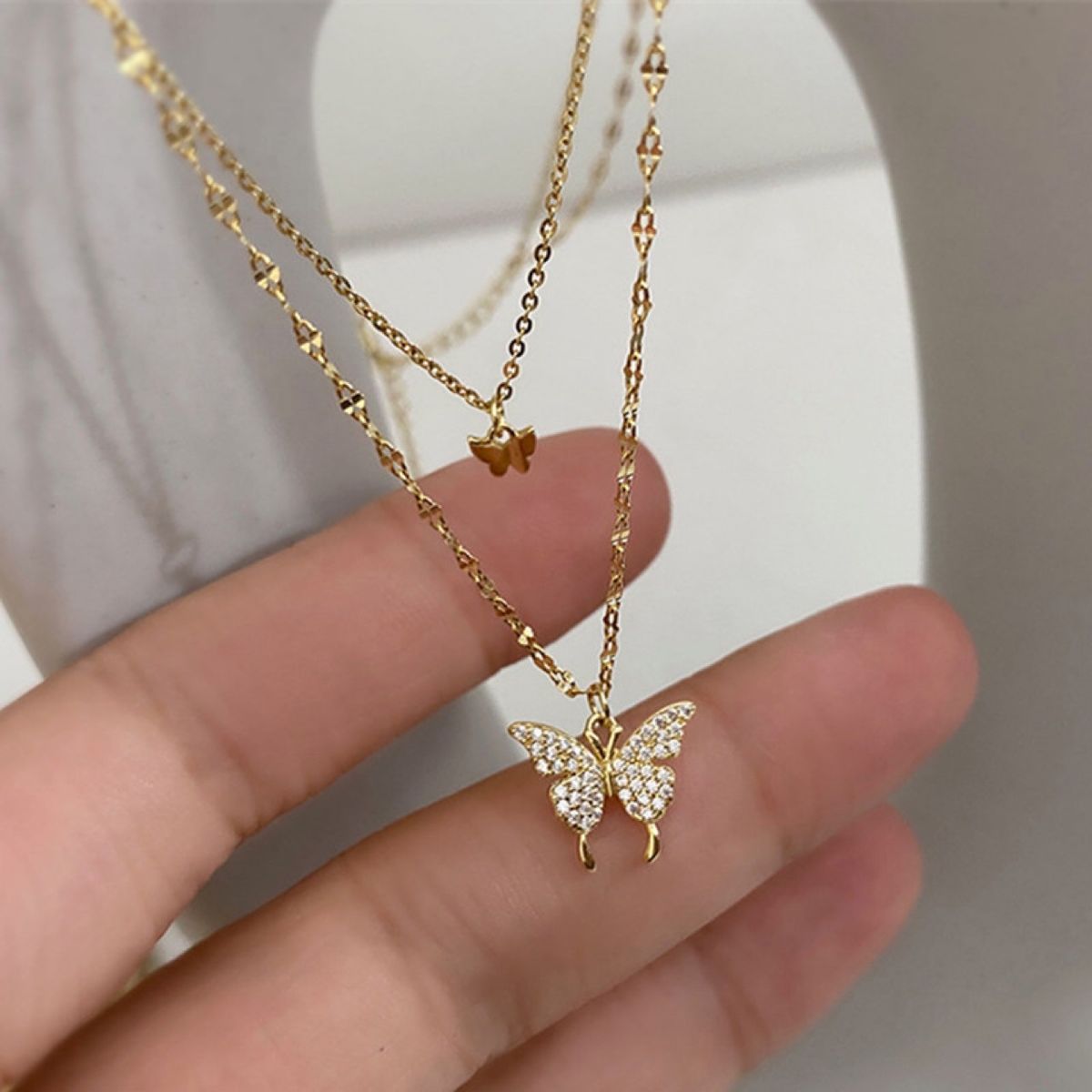 Twinkle Diamond Butterfly Double Layer Necklace