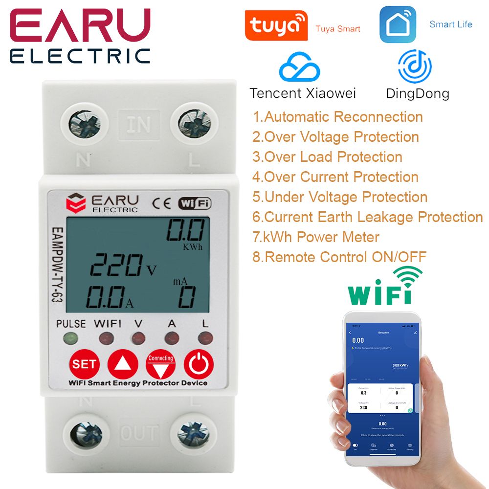 2P 63A TUYA AWiFi Smart Circuit Earth Leakage Over Under