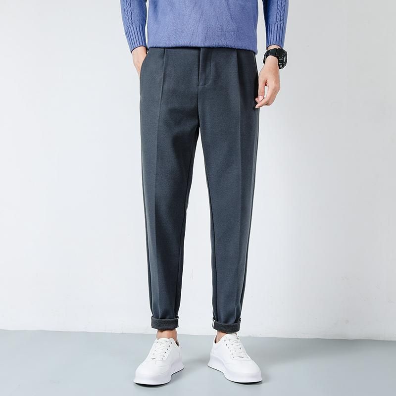 New Casual Pants Men Mixing Wool Thick Slim Trousers Elastic Waist Elastic Waist Mens Autumn Clothing Warm Winter Pants