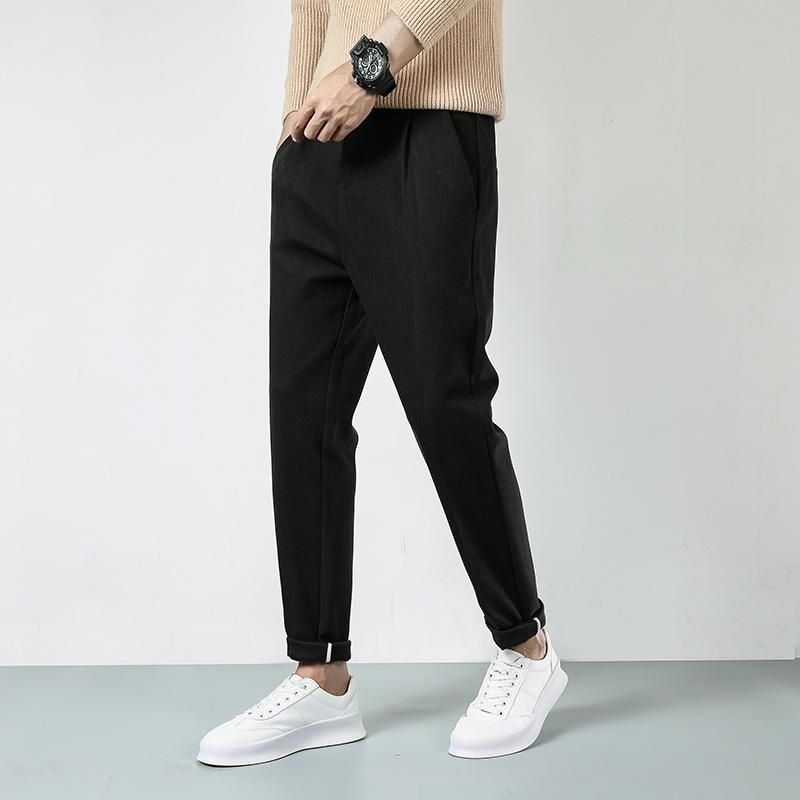 New Casual Pants Men Mixing Wool Thick Slim Trousers Elastic Waist Elastic Waist Mens Autumn Clothing Warm Winter Pants