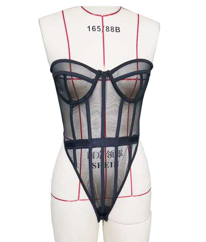 Women Open Crotch Bodysuit Y Lingerie Transparent Mesh Tight Erotic Nightwear Deep V Teddy Babydoll Outfit Backless Red BA