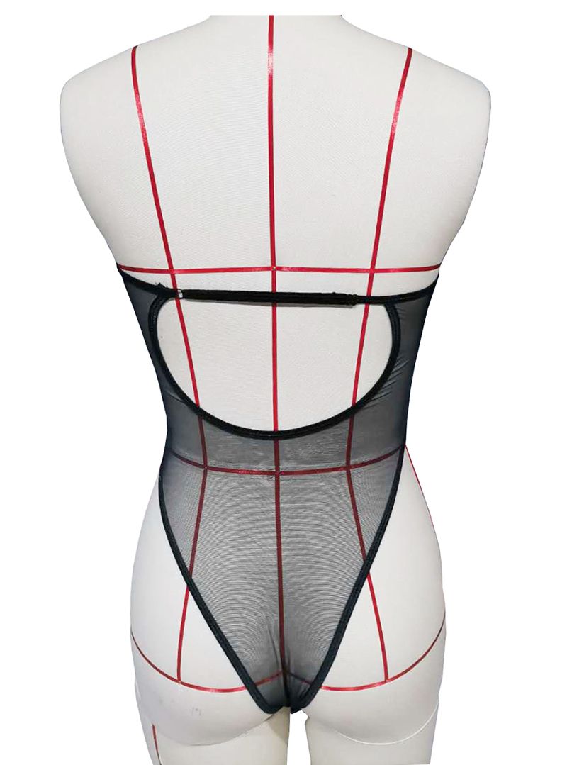 Women Open Crotch Bodysuit Y Lingerie Transparent Mesh Tight Erotic Nightwear Deep V Teddy Babydoll Outfit Backless Red BA