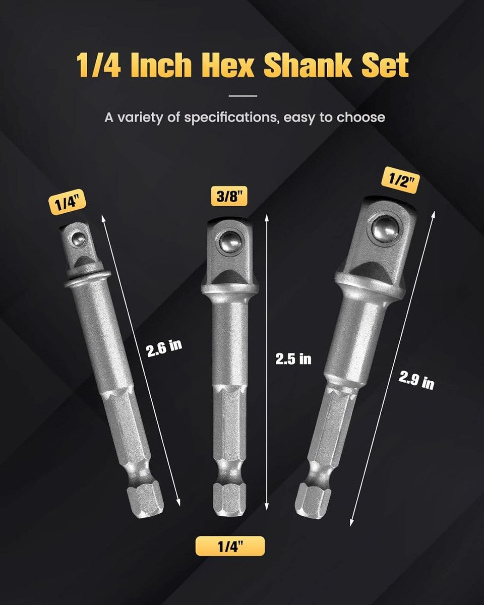 Impact Grade Socket Adapter Set, 6-PCS Drill Bit Adapter with Bit Holder, Sizes 1/4", 3/8", 1/2", 1/4-Inch SAE Shank, Cr-V with Black Phosphate Finish