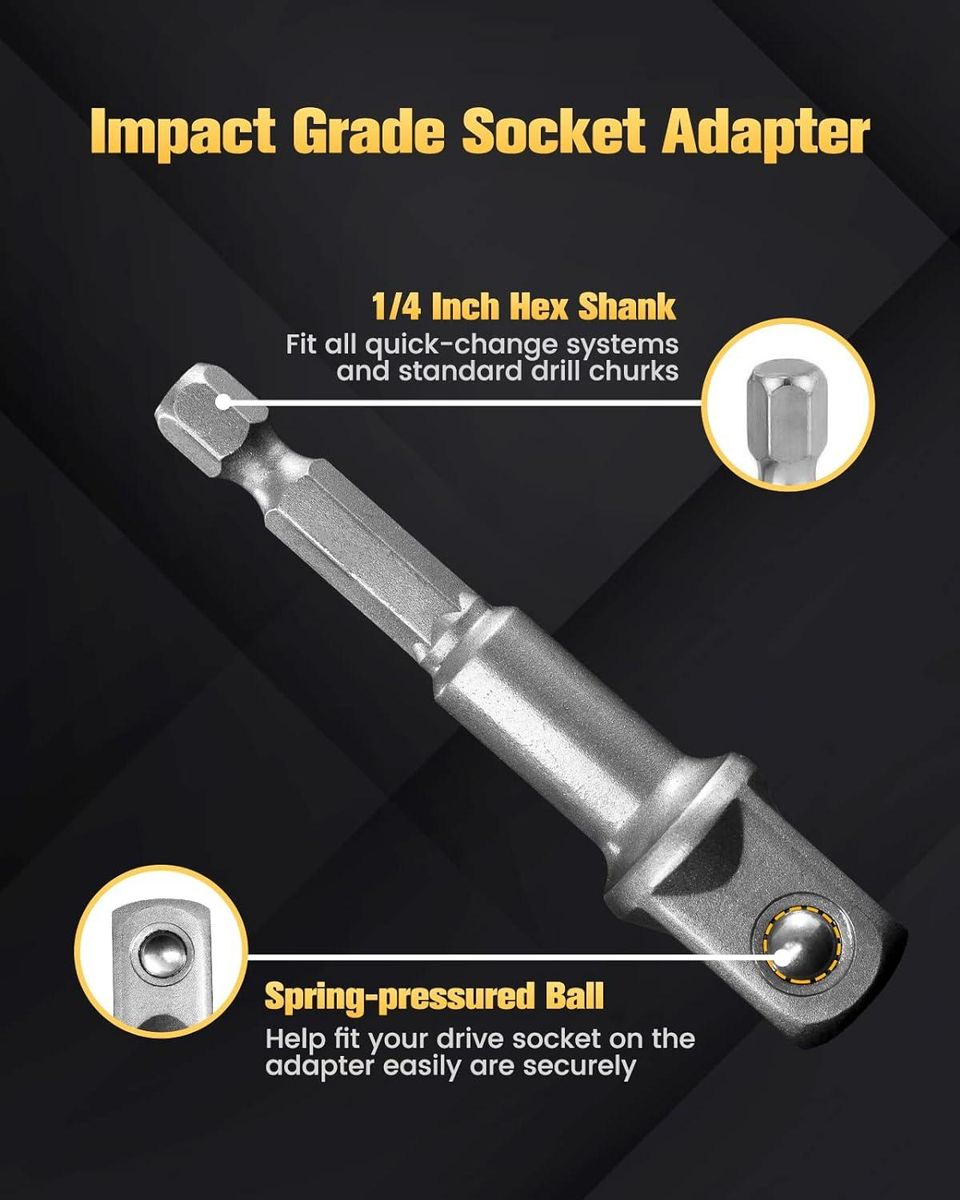 Impact Grade Socket Adapter Set, 6-PCS Drill Bit Adapter with Bit Holder, Sizes 1/4", 3/8", 1/2", 1/4-Inch SAE Shank, Cr-V with Black Phosphate Finish