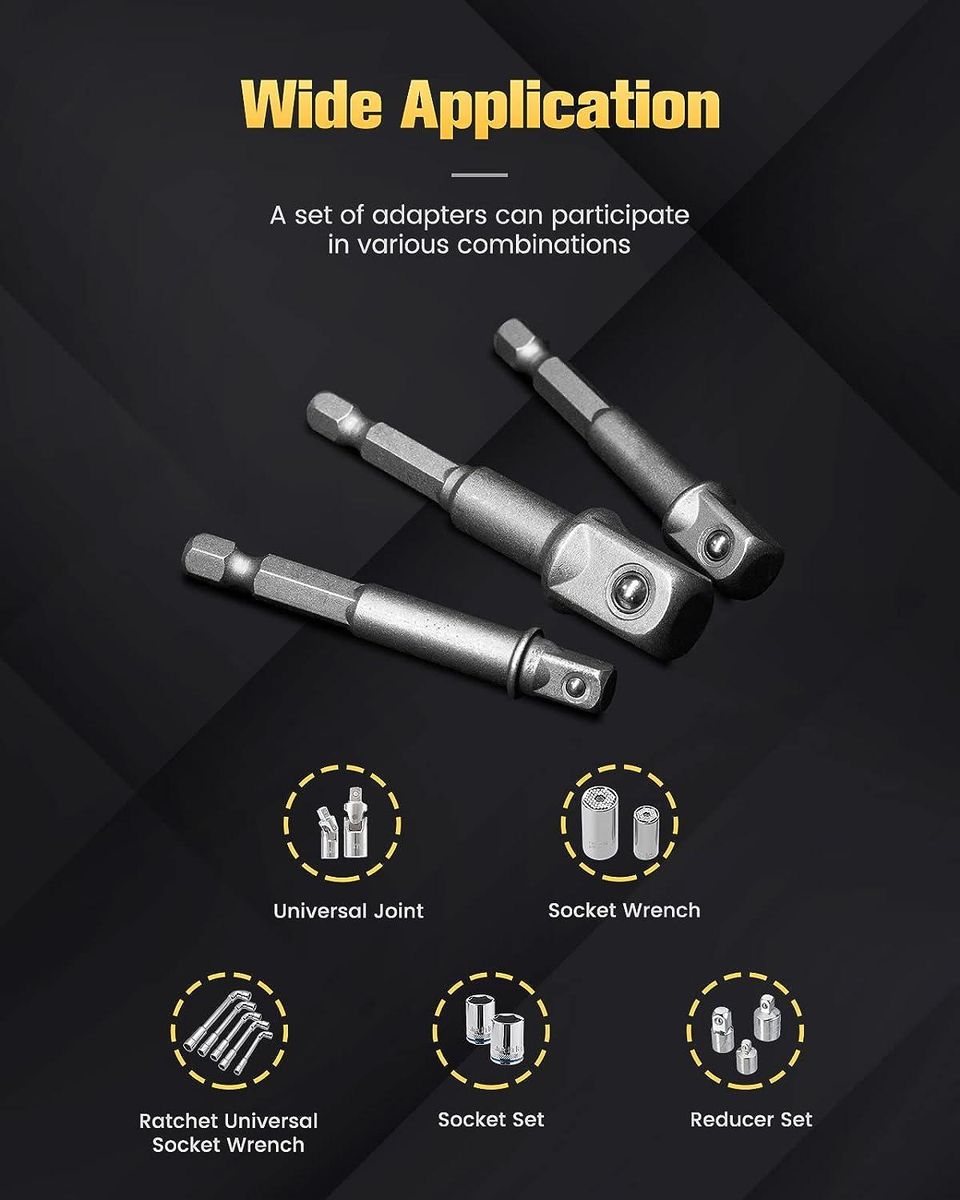 Impact Grade Socket Adapter Set, 6-PCS Drill Bit Adapter with Bit Holder, Sizes 1/4", 3/8", 1/2", 1/4-Inch SAE Shank, Cr-V with Black Phosphate Finish