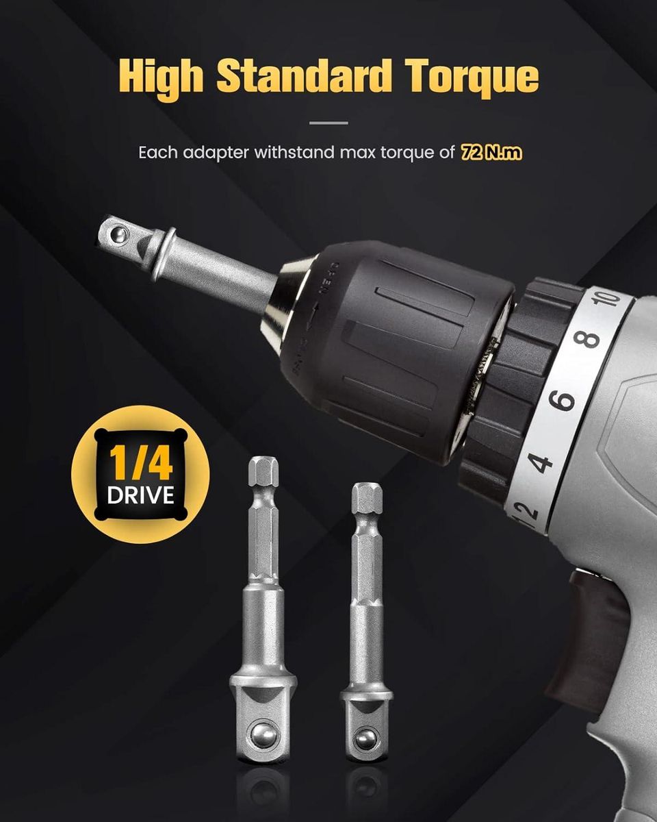 Impact Grade Socket Adapter Set, 6-PCS Drill Bit Adapter with Bit Holder, Sizes 1/4", 3/8", 1/2", 1/4-Inch SAE Shank, Cr-V with Black Phosphate Finish