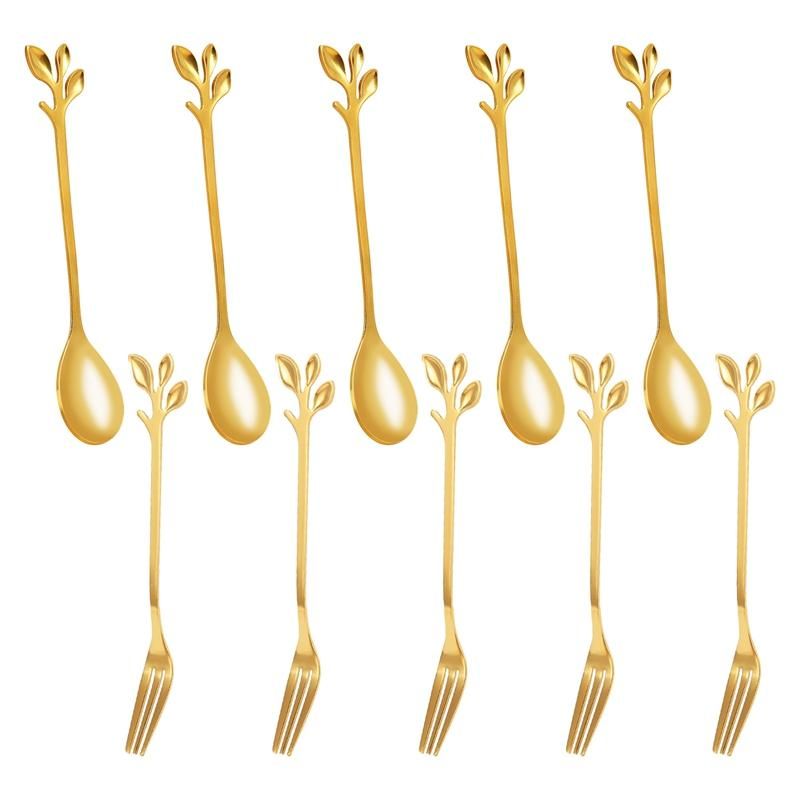 5Spoon5Forks Stainless Steel Leaf Coffee Cake Spoon Fork Dessert Spoons Stirring Teaspoon Set Golden