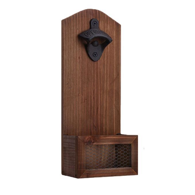 Home Bar Novelty Wood Wall Bottle Opener W/   Catcher Organizer