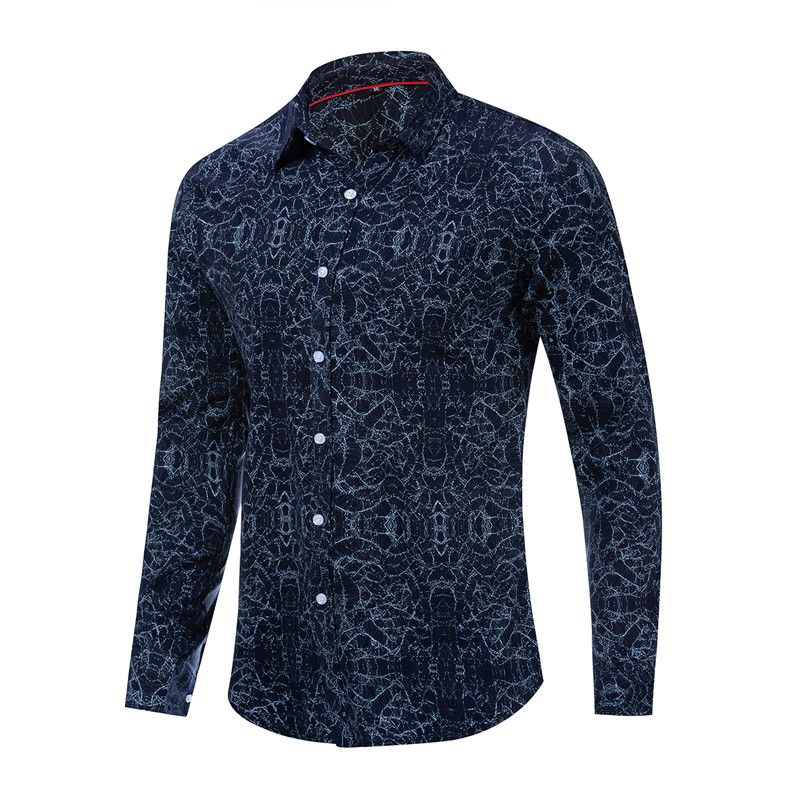 Men's Long Sleeve Waves Print Cotton Shirt - Blue