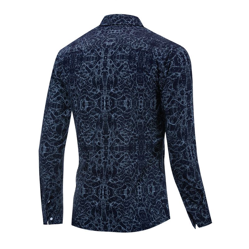 Men's Long Sleeve Waves Print Cotton Shirt - Blue