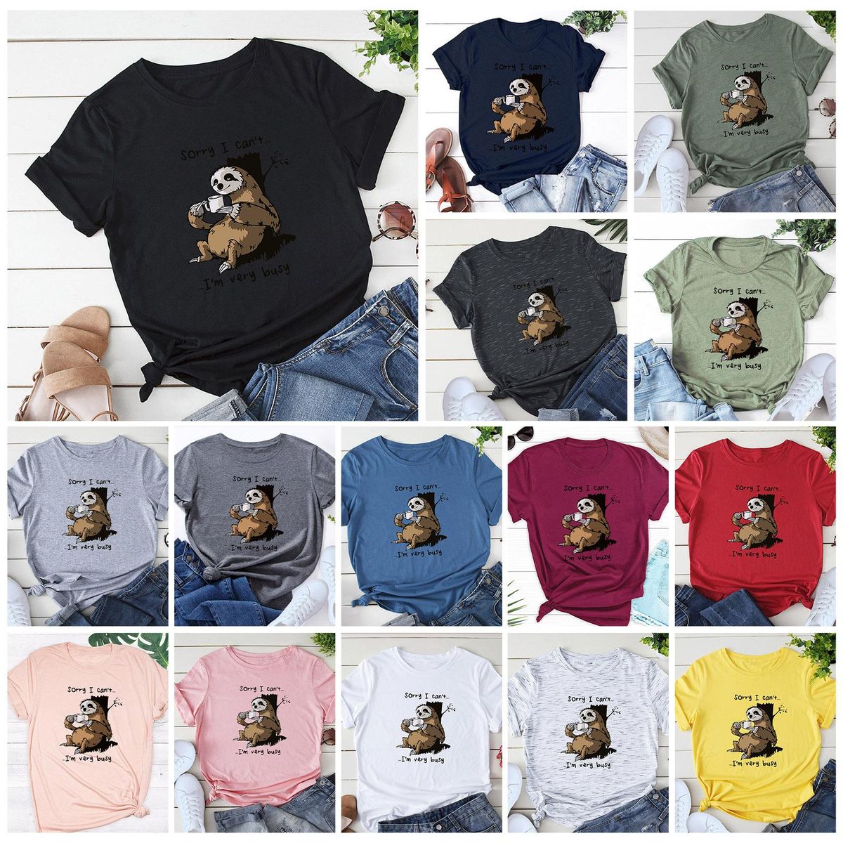 Women T-shirt Cute Sloth Print Short Sleeve O Neck Plus Size Casual Loose Tops S-5XL