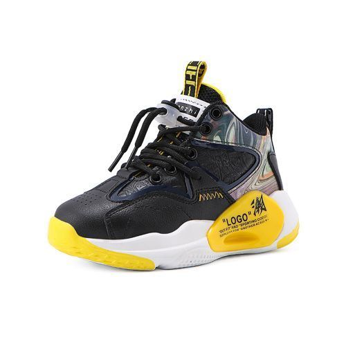 Boys' Casual Running Children's Sports Basketball Thick Bottom Mid Shoes Black