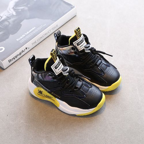Boys' Casual Running Children's Sports Basketball Thick Bottom Mid Shoes Black