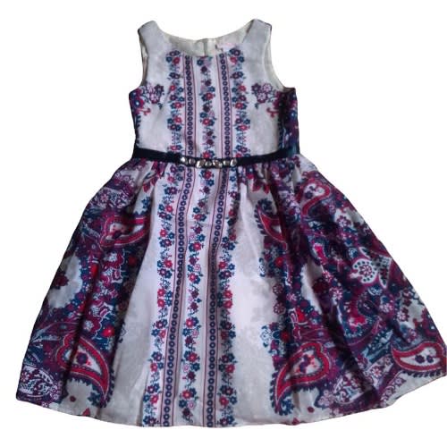 Paisley & Floral Print Sleeveless Dress with Jeweled Belt