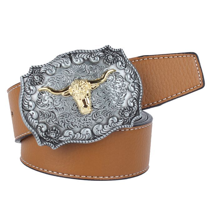 Mens Western Cowboy Leather Belt Waistband Arabesque Cow Head Brown