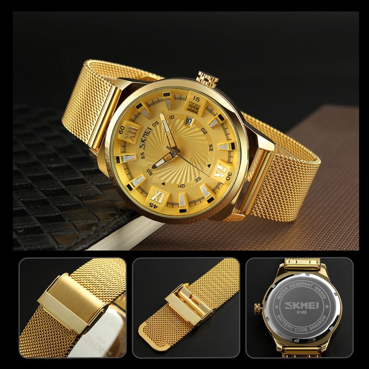 Men's Waterproof Time Date Quartz Wrist Watches-Gold(9166)