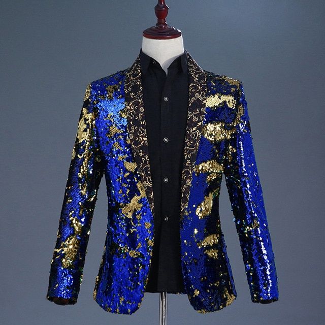 Shiny Red Sequin Shawl Collar Tuxedo Suit B Men Wedding-Royal Blue