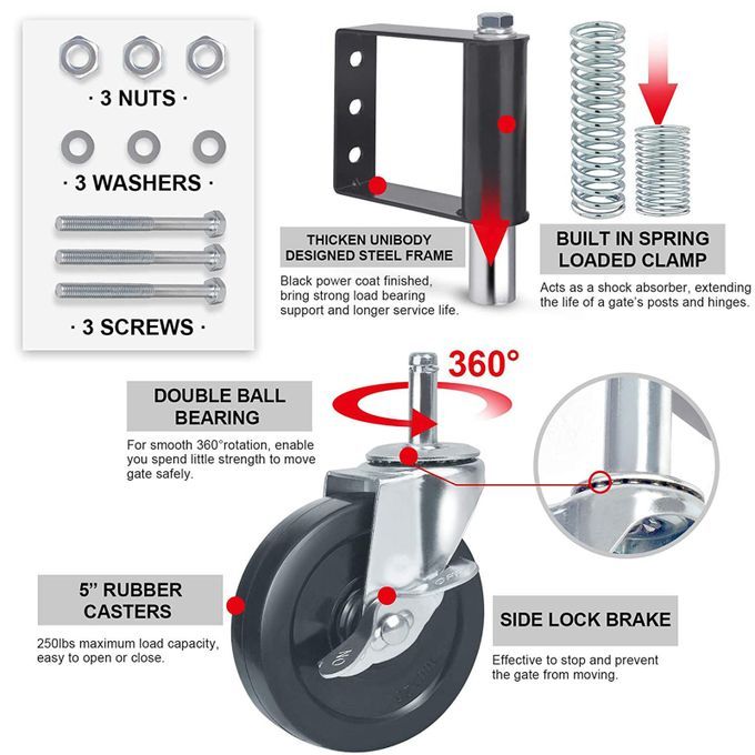 Spring Loaded Swivel Fence Gate Caster With Brake Heavy Duty Rubber