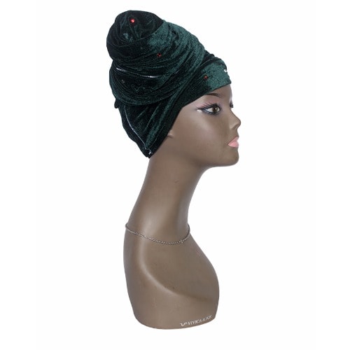 Classic Stone Studded Velvet Cap Wrap Turban - Green