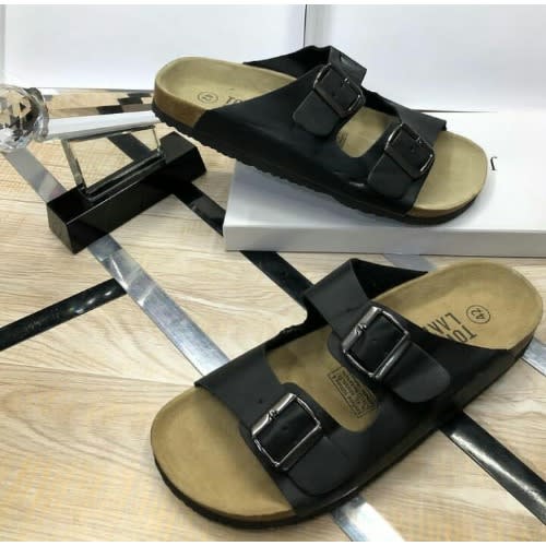 Quality Black Stock Buckled Leather Slippers