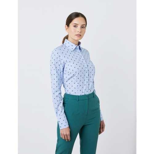 Women's Light Blue & Dark Blue Dobby Little Flowers Fitted Shirt - Single Cuff