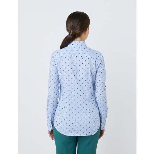 Women's Light Blue & Dark Blue Dobby Little Flowers Fitted Shirt - Single Cuff