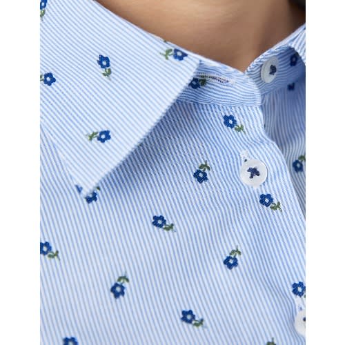 Women's Light Blue & Dark Blue Dobby Little Flowers Fitted Shirt - Single Cuff